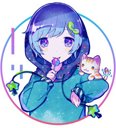 Rule 34 | 1boy, animal, animal on shoulder, blue hoodie, candy, cat, commentary request, cropped torso, drawstring, food, hair ornament, hand up, highres, holding, holding candy, holding food, holding lollipop, hood, hood up, hoodie, kiato, leaf hair ornament, licking, lollipop, long sleeves, looking at viewer, mahito-kun, male focus, purple eyes, real life, short hair, smile, solo, sparkle, star (symbol), tongue, tongue out, upper body, white background