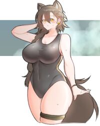 Rule 34 | 1girl, alternate costume, animal ear fluff, animal ears, arknights, arm up, asymmetrical bangs, bare arms, black one-piece swimsuit, blush, braid, breasts, brown hair, collarbone, commentary, competition swimsuit, covered navel, cowboy shot, cropped legs, earrings, english commentary, extra ears, groin, hair behind ear, hair over shoulder, highres, jewelry, large breasts, long hair, looking at viewer, mole, mole above eye, one-piece swimsuit, open mouth, penance (arknights), single braid, skindentation, solo, standing, sweat, swimsuit, tail, thick thighs, thigh strap, thighs, wolf ears, wolf girl, wolf tail, yellow eyes, yosua 0669