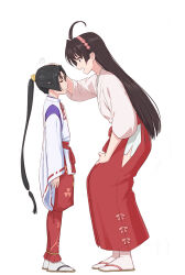 1boy 1girl black_hair brown_eyes full_body hairband hakama hakama_pants headpat height_difference highres houjou_tokiyuki_(nige_jouzu_no_wakagimi) japanese_clothes kariginu kimono long_hair miko mizuno_(pixiv31352320) mochizuki_ayako nige_jouzu_no_wakagimi open_mouth pants pink_hairband purple_eyes red_hakama simple_background smile standing tabi tall_female white_background