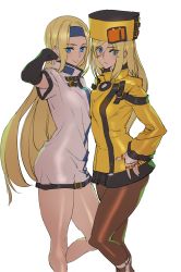 Rule 34 | 2girls, arc system works, ashiomi masato, black legwear, blonde hair, blue eyes, blue hairband, blush, breasts, commentary request, dual persona, fingerless gloves, fur hat, gloves, guilty gear, guilty gear xrd, hairband, hand on own hip, hand to head, hat, highres, legs, long hair, long sleeves, looking at viewer, millia rage, multiple girls, pantyhose, short sleeves, ushanka, yellow headwear