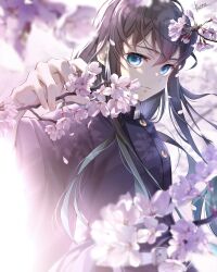 Rule 34 | 1boy, aqua hair, belt, black hair, blue eyes, blurry, branch, cherry blossoms, closed mouth, dappled sunlight, day, demon slayer uniform, depth of field, fingernails, floating hair, from side, green hair, hana ni nare, hand up, highres, kimetsu no yaiba, light smile, long hair, long sleeves, looking at viewer, looking to the side, male focus, multicolored hair, nature, signature, solo, streaked hair, sunlight, tokitou muichirou, upper body, wide sleeves