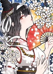 Rule 34 | 1girl, black hair, cherry blossoms, detached sleeves, floral print, folding fan, from side, hachimaki, hair ornament, hand fan, headband, highres, holding, holding fan, kantai collection, looking at viewer, looking to the side, nontraditional miko, nora (salatto), red eyes, short hair, solo, upper body, white headband, yamashiro (kancolle), yamashiro kai ni (kancolle)
