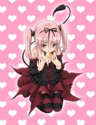 Rule 34 | 1girl, bare shoulders, breasts, brooch, cleavage, detached sleeves, dress, female focus, full body, hair ribbon, hand on another&#039;s chest, heart, jewelry, kneeling, long hair, nana asta deviluke, pink hair, pink theme, purple eyes, ribbon, shy, solo, strapless, strapless dress, striped clothes, striped thighhighs, tail, thighhighs, to love-ru, twintails