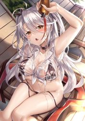 Rule 34 | 1girl, absurdres, armpits, azur lane, bikini, black bikini, black choker, blush, breasts, brown eyes, chair, choker, collared shirt, covered erect nipples, day, flag print, groin, hair between eyes, head tilt, highres, ks (xephyrks), large breasts, long hair, looking at viewer, lounge chair, multicolored hair, navel, open mouth, outdoors, pouring, prinz eugen (azur lane), prinz eugen (unfading smile) (azur lane), ribbon, shiny skin, shirt, short sleeves, side-tie bikini bottom, silver hair, sitting, solo, ssunlight, stomach, streaked hair, swimsuit, thighs, tied shirt, two side up, untied bikini, very long hair, wet, wet clothes, wet shirt, white shirt