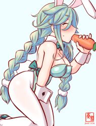 Rule 34 | 1girl, alternate hairstyle, animal ears, aqua background, artist logo, bow, bowtie, braid, breasts, carrot, closed eyes, covered navel, detached collar, eating, fake animal ears, fake tail, green hair, green leotard, hair between eyes, hair ornament, hair ribbon, hairclip, kanon (kurogane knights), kantai collection, kneeling, large breasts, leotard, long hair, one-hour drawing challenge, pantyhose, playboy bunny, rabbit ears, rabbit tail, ribbon, sexually suggestive, strapless, strapless leotard, tail, tears, traditional bowtie, twin braids, white pantyhose, wrist cuffs, yamakaze (kancolle)