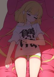 Rule 34 | 1girl, bike shorts, blunt bangs, blush, closed eyes, clothes writing, commentary request, facing viewer, feet out of frame, futaba anzu, hand on own stomach, idolmaster, idolmaster cinderella girls, long hair, low twintails, lying, off shoulder, on back, parted lips, rheez, shade, shadow, shirt, short sleeves, single bare shoulder, sleeping, solo, twintails, very long hair, white shirt