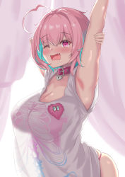 Rule 34 | 1girl, absurdres, ahoge, armpits, arms up, belt collar, blue hair, breasts, cleavage, collar, collarbone, commentary request, fang, hair intakes, heart, heart-shaped lock, highres, idolmaster, idolmaster cinderella girls, kusana (dudqja602), large breasts, looking at viewer, multicolored hair, no pants, open mouth, panties, pink collar, pink eyes, pink hair, pink panties, print shirt, see-through silhouette, shirt, short hair, skeleton print, solo, stretching, tearing up, two-tone hair, underwear, yumemi riamu