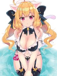 Rule 34 | 1girl, ahoge, alternate costume, animal ears, arm cuffs, bikini, black bikini, black bow, black bowtie, black thighhighs, blonde hair, blush, bow, bowtie, breasts, cat ears, cat tail, cleavage, closed mouth, commentary, cowboy shot, detached collar, garter straps, hair bow, heart, highres, kemonomimi mode, long hair, looking at viewer, medium breasts, midriff, navel, nijisanji, own hands together, red eyes, simple background, solo, swimsuit, tail, takamiya rion, takamiya rion (3rd costume), thighhighs, thighs, tsumayouji (tumayog), twintails, virtual youtuber, wading, water, white background