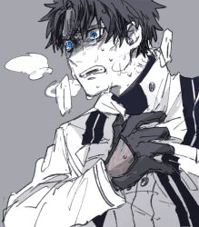 Rule 34 | 1boy, black hair, blue eyes, command spell, crying, distress, fate/grand order, fate (series), fujimaru ritsuka (male), fujimaru ritsuka (male) (mage&#039;s association uniform), gloves, solo, sweat, tokokeiten