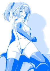 Rule 34 | 1girl, ;d, anus, ass, blue theme, blush, breasts, covered erect nipples, elbow gloves, from behind, gloves, hairband, haruhisky, highres, long hair, looking at viewer, looking back, medium breasts, monochrome, one eye closed, open mouth, shadow, sideboob, sidelocks, slingshot swimsuit, smile, solo, suzumiya haruhi, suzumiya haruhi no yuuutsu, swimsuit, thighhighs, thighs, twintails