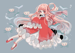 Rule 34 | 1girl, absurdres, air bubble, alternate costume, blunt bangs, bright pupils, bubble, chinese clothes, commentary request, dress, expressionless, flats, floating hair, floral background, flower, flower knot, frilled dress, frills, grey background, hair ornament, highres, kotonoha akane, lily pad, long hair, looking at viewer, lotus, low-tied sidelocks, oyasumi makura, parted lips, pink hair, red dress, red eyes, red footwear, sidelocks, single hair ring, sleeves past fingers, sleeves past wrists, solo, tassel, tassel hair ornament, very long hair, voiceroid, white pupils
