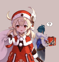 Rule 34 | 1boy, 1girl, ?, ahoge, blonde hair, blue hair, box, carrying, christmas, dress, feathers, genshin impact, gift, gift box, gloves, hat, kaeya (genshin impact), klee (genshin impact), looking at viewer, pointy ears, red dress, red eyes, sack, santa hat, scarf, shinachiku (uno0101), smile, thought bubble, twintails