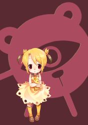 Rule 34 | 1girl, blonde hair, doll, dress, hair ornament, highres, looking at viewer, mary janes, original, red eyes, rojiko, school uniform, serafuku, shoes, short hair, short twintails, solo, thighhighs, twintails, vocaloid, yellow dress