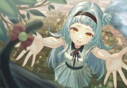 Rule 34 | 1girl, alternate hair color, aqua hair, arched bangs, arms up, black hairband, blurry, blurry foreground, boku no edamame, brick floor, dress, from above, gradient eyes, hair bun, hairband, hololive, leaf, long hair, looking at viewer, multicolored eyes, murasaki shion, open mouth, orange eyes, outstretched arms, outstretched hand, reaching, reaching towards viewer, short eyebrows, sidelocks, single hair bun, single side bun, skirt, sleeveless, sleeveless dress, solo, standing, updo, virtual youtuber, white dress, white skirt, yellow eyes