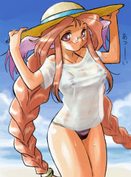 Rule 34 | 1girl, animal ears, beach, blush, braid, breasts, breath of fire, breath of fire iii, cloud, covered erect nipples, covered navel, day, dr.p, glasses, hat, large breasts, long hair, momo (breath of fire), ocean, orange hair, red eyes, red hair, see-through, shiny skin, shirt, solo, swimsuit, tan, taut clothes, taut shirt, twin braids, twintails, very long hair