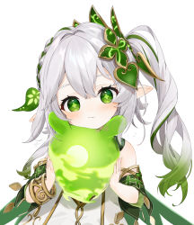 Rule 34 | 1girl, bracelet, closed mouth, cross-shaped pupils, genshin impact, gotou (nekocat), gradient hair, green eyes, green hair, hair ornament, highres, holding, jewelry, long hair, looking at viewer, medium hair, multicolored hair, nahida (genshin impact), pointy ears, side ponytail, simple background, solo, symbol-shaped pupils, upper body, white background, white hair