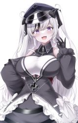 Rule 34 | 1girl, absurdres, anchor symbol, armband, azur lane, black corset, black dress, black gloves, black hat, cien (shikanokuni), clothing cutout, collared dress, corset, cowboy shot, cross, detached sleeves, dress, elbe (azur lane), fang, frilled dress, frills, gloves, hair between eyes, hat, highres, iron cross, layered dress, leotard, looking at viewer, multicolored hair, open mouth, peaked cap, purple eyes, red armband, shoulder cutout, simple background, skin fang, smile, solo, streaked hair, underboob cutout, white background, white leotard, zipper