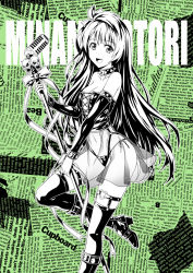Rule 34 | 10s, 1girl, black footwear, bondage outfit, boots, character name, collar, elbow gloves, fish.boy, gloves, knee boots, long hair, looking at viewer, love live!, love live! school idol project, microphone, midriff, minami kotori, monochrome, navel, see-through, side ponytail, smile, solo, spiked collar, spikes, thighhighs