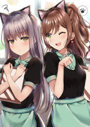 Rule 34 | 2girls, ;d, absurdres, animal ears, apron, bang dream!, black dress, blush, bow, bowtie, brown hair, cat ears, dress, earrings, embarrassed, frown, green apron, green eyes, green neckwear, grey hair, half updo, highres, holding, holding menu, imai lisa, jewelry, long hair, looking at another, menu, mia (fai1510), minato yukina, multiple girls, one eye closed, open mouth, paw pose, rabbit earrings, short sleeves, smile, spoken paw print, squiggle, waitress, yellow eyes