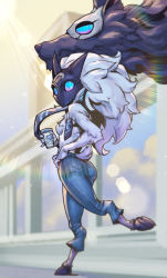 Rule 34 | 1girl, ass, blue eyes, breasts, cup, denim, disposable cup, furry, furry female, grey hair, holding, holding cup, jeans, kindred (league of legends), lamb (league of legends), league of legends, long hair, looking back, mask, pants, phantom ix row, small breasts, standing, standing on one leg, topless, wolf (league of legends)
