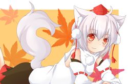 Rule 34 | 1girl, ahoge, animal ear fluff, animal ears, autumn leaves, bare shoulders, blush, chinoru, detached sleeves, hat, inubashiri momiji, leaf, leaf background, looking at viewer, pom pom (clothes), red eyes, short hair, silver hair, smile, solo, tail, tokin hat, touhou, wolf ears, wolf tail