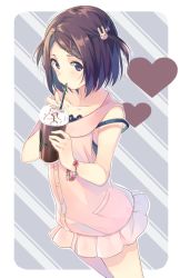 Rule 34 | 1girl, black hair, bracelet, rabbit hair ornament, casual, coffee cup, cup, disposable cup, drink, drinking straw, hair ornament, heart, jewelry, natasha (pommier), original, purple eyes, short hair, skirt, sleeveless, sleeveless hoodie, solo, strap slip, striped, striped background, two side up