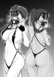 Rule 34 | 1girl, areola slip, ass, blue archive, blush, breasts, cowboy shot, eyewear on head, fingerless gloves, gloves, greyscale, highres, large breasts, long hair, looking at viewer, looking back, mask, miyoshi (triple luck), monochrome, mouth mask, multiple views, navel, o-ring, o-ring swimsuit, partially visible vulva, side ponytail, skindentation, slingshot swimsuit, sukeban (smg) (blue archive), sunglasses, swimsuit