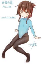 Rule 34 | 10s, 1girl, brown eyes, brown hair, folded ponytail, gurande (g-size), highres, inazuma (kancolle), kantai collection, leotard, long hair, pantyhose, simple background, sitting, smile, solo, thighband pantyhose