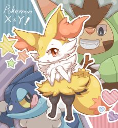 10s 2027_(submarine2027) black_eyes blush braixen colored_sclera creatures_(company) frogadier full_body furry game_freak gen_6_pokemon grin nintendo open_mouth orange_eyes pokemon pokemon_(creature) quilladin smile stick tears tongue tongue_out yellow_sclera