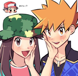 Rule 34 | 1girl, 2boys, :d, absurdres, black shirt, blue jacket, blue oak, blue oak (sygna suit), blush, brown eyes, brown hair, chibi, chibi inset, commentary request, creatures (company), eyelashes, game freak, green headwear, green jacket, hat, highres, jacket, jewelry, leaf (pokemon), leaf (sygna suit) (pokemon), long hair, multiple boys, necklace, nintendo, official alternate costume, open clothes, open jacket, open mouth, orange hair, pink shirt, pokemon, pokemon masters ex, red (pokemon), red (sygna suit) (pokemon), shirt, short hair, simple background, smile, spiked hair, sweatdrop, tongue, wanichi, white background