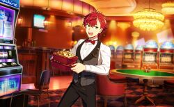 Rule 34 | 1boy, black pants, bow, bowtie, buttons, casino, chair, coin, cowboy shot, ear piercing, earrings, green eyes, happy elements, helios rising heroes, highres, holding, indoors, jewelry, long sleeves, male focus, official art, open mouth, otori akira, pants, piercing, red bow, red bowtie, red hair, shirt, short hair, sideways glance, solo, teeth, third-party source, upper teeth only, vest, white shirt