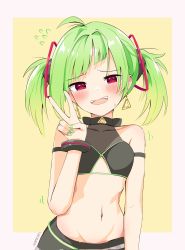 Rule 34 | 1girl, :d, ahoge, arm strap, bare shoulders, black shirt, blouse, breasts, clothing cutout, commission, crop top, delruki, delutaya, earrings, furrowed brow, green hair, green nails, hair ornament, hand up, highres, indie virtual youtuber, jewelry, long hair, looking at viewer, midriff, nail polish, namiorii, navel, open mouth, red eyes, shirt, sleeveless, sleeveless shirt, small breasts, smile, solo, stomach, twintails, underboob cutout, upper body, v, virtual youtuber