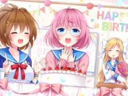Rule 34 | 3girls, :d, ahoge, akesaka serina, badge, birthday, blonde hair, blue eyes, blush, bouquet, bow, bowl, breasts, brown hair, button badge, cake, candle, cardigan, chunithm, commentary request, confetti, cookie, dutch angle, english text, closed eyes, finger to mouth, fire, flower, food, fruit, hair bow, hair ornament, hairband, happy birthday, highres, indoors, large breasts, long hair, long sleeves, looking at viewer, multiple girls, neck ribbon, ogata arishiana, open cardigan, open clothes, open mouth, own hands together, parted lips, pink cardigan, pink hair, red ribbon, ribbon, sanotsuki, school uniform, serafuku, short hair, smile, sparkle, strawberry, string of flags, sweatband, tennouzu nazuna, very long hair, white bow, x hair ornament