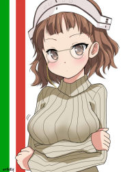 Rule 34 | 1girl, blunt bangs, breasts, brown eyes, brown hair, eyewear strap, glasses, hinase (jet hearts), kantai collection, large breasts, long sleeves, pince-nez, roma (kancolle), short hair, solo, sweater, white sweater