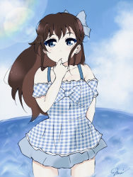 Rule 34 | 1girl, aqua bow, aqua eyes, arm garter, arm ribbon, artist name, artist request, bare shoulders, blue bow, blue eyes, blue one-piece swimsuit, blue sky, blush, bow, breasts, brown hair, checkered clothes, cleavage, cloud, collarbone, cross-laced clothes, day, detached arm, female focus, frills, hair between eyes, hair ornament, hand on own chest, happy birthday, high ponytail, highres, long hair, looking at viewer, love live!, love live! nijigasaki high school idol club, love live! school idol festival, medium breasts, ocean, one-piece swimsuit, osaka shizuku, outdoors, parted lips, ponytail, ribbon, sky, small breasts, smile, solo, striped, striped bow, swimsuit, white ribbon, x hair ornament