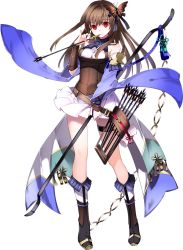 Rule 34 | 1girl, arrow (projectile), boots, bow, bow (weapon), breasts, brown hair, butterfly hair ornament, empty eyes, full body, hair ornament, holding, holding arrow, holding bow (weapon), holding weapon, large breasts, long hair, nagato shizuki (oshiro project), official art, oshiro project:re, oshiro project:re, pleated skirt, quiver, red eyes, skirt, smile, solo, transparent background, weapon, white skirt, yuuki kira