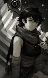 Rule 34 | 1girl, absurdres, arm wrap, breasts, from side, gray (void stranger), greyscale, highres, holding, holding staff, jewelry, kornod, looking at viewer, medium breasts, monochrome, pendant, sash, scarf, short hair, solo, staff, star (sky), void stranger