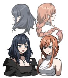 Rule 34 | 2girls, aged up, black hair, blue eyes, blunt bangs, bow, braid, braided ponytail, breasts, brown hair, choker, cleavage, cropped torso, final fantasy, final fantasy xiv, gaia (ff14), hair between eyes, hair bow, highres, hyur, jewelry, long hair, looking at viewer, medium breasts, multiple girls, multiple views, off shoulder, pendant, pink bow, ryne waters, sleeveless, smile, white background, wuliu heihuo