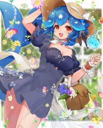 Rule 34 | 1girl, bao (vtuber), bao (vtuber) (6th costume), blue dress, blue hair, breasts, brown eyes, brown hat, cetacean tail, choker, cleavage, collarbone, commentary, dress, english commentary, fang, fins, fish tail, flower, hat, highres, indie virtual youtuber, medium breasts, nail polish, official alternate costume, orange flower, pink flower, purple flower, rabio (labi555), see-through, see-through dress, short hair, solo, sun hat, tail, virtual youtuber, whale, white choker, white nails, wrist cuffs