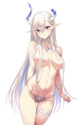Rule 34 | 1girl, absurdres, arm behind back, arm strap, asymmetrical bangs, blush, breasts, choker, closed mouth, collarbone, elf, gluteal fold, hand on back, highleg, highleg panties, highres, hiiragi yuuichi, horns, lace, lace-trimmed panties, lace trim, large breasts, long hair, looking at viewer, navel, nude, original, panties, pointy ears, purple eyes, ribs, silver hair, simple background, skindentation, solo, thigh strap, topless, underwear, very long hair, white background, white panties