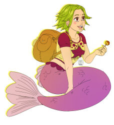 Rule 34 | 1girl, arsmentae, bag, blush stickers, camie (one piece), commentary, crop top, english commentary, food, full body, green hair, highres, holding, holding food, looking to the side, mermaid, monster girl, one piece, pink shirt, shirt, short hair, shoulder bag, simple background, smile, solo, takoyaki, watermark, white background, yellow shirt