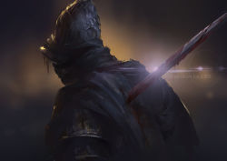 Rule 34 | 1boy, armor, artist name, black capelet, blood, blood on clothes, bloody weapon, blurry, blurry background, capelet, commentary, dark souls (series), dark souls iii, english text, from behind, helmet, holy knight hodrick, impaled, injury, jlien-, male focus, shoulder armor, solo, sword, upper body, weapon