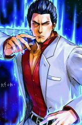 Rule 34 | 1boy, aura, belt, belt buckle, black hair, brown eyes, buckle, coat, commentary request, fighting stance, glowing, grey pants, hokuto no ken, kiryu kazuma, looking at viewer, male focus, manly, martial arts, mature male, muscular, muscular male, otamot, pants, popped collar, red shirt, ryuu ga gotoku (series), sega, shirt, sky, solo, soul patch, star (sky), starry sky, thick eyebrows, unbuttoned