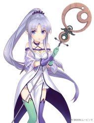 Rule 34 | 1girl, :o, asymmetrical gloves, asymmetrical legwear, bare shoulders, blue eyes, blue hair, blush, coattails, collarbone, dress, fate/stay night, fate (series), gloves, green gloves, green thighhighs, hair ornament, hair scrunchie, holding, holding staff, long hair, looking at viewer, medea (lily) (fate), minamura haruki, mismatched gloves, mismatched legwear, open mouth, parted bangs, pointy ears, ponytail, purple gloves, purple thighhighs, scrunchie, sidelocks, simple background, solo, staff, thighhighs, very long hair, watermark, white background, white dress