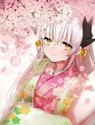 Rule 34 | 1girl, black horns, cherry blossoms, dragon girl, dragon horns, fate/grand order, fate (series), horns, japanese clothes, kimono, kiyohime (fate), kiyohime (third ascension) (fate), layered clothes, layered kimono, long hair, mamemix, multiple horns, smile, solo, very long hair, white hair, yellow eyes