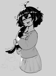 Rule 34 | 1girl, 1other, :d, ?, ahoge, ahoge wag, animal, blind girl&#039;s dog (popopoka), blind girl (popopoka), borrowed character, closed eyes, collarbone, dog, expressive hair, freckles, grey background, greyscale, happy, heart, highres, holding, holding animal, holding dog, krekkov, monochrome, open mouth, original, pleated skirt, simple background, skirt, smile, sweater, tongue, tongue out