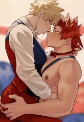 Rule 34 | 2boys, arm around neck, ass grab, bakugou katsuki, blonde hair, blurry, blurry background, boku no hero academia, bow, bowtie, donnaoneone, kirishima eijirou, looking at another, male focus, multiple boys, nipples, pants, red bow, red bowtie, red eyes, red hair, red pants, shirt, spiked hair, straddling, suspenders, topless male, upright straddle, vest, white shirt, yaoi