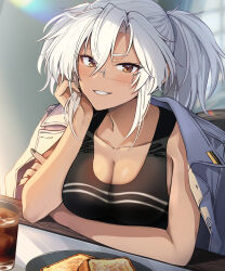 1girl absurdres alternate_costume bare_shoulders black_nails black_tank_top blush breasts brown_eyes cleavage cup dark-skinned_female dark_skin french_toast glasses grin highres indoors jacket jacket_on_shoulders kantai_collection large_breasts long_hair musashi_(kancolle) musashi_kai_ni_(kancolle) nail_polish open_clothes open_jacket plate rectangular_eyewear semi-rimless_eyewear smile solo tank_top twintails white_jacket yunamaro