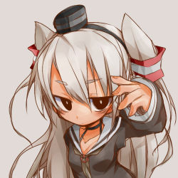 Rule 34 | 10s, 1girl, amatsukaze (kancolle), black eyes, choker, collarbone, dress, foreshortening, grey background, hair between eyes, headgear, kantai collection, kisaragi kaya, long hair, long sleeves, looking at viewer, lowres, neckerchief, personification, portrait, sailor dress, school uniform, serafuku, silver hair, simple background, solo, twintails, two side up