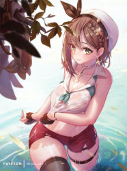 Rule 34 | 1girl, atelier (series), atelier ryza, atelier ryza 2, bad id, bad pixiv id, beret, black thighhighs, braid, breasts, bridal garter, brown eyes, brown hair, cleavage, closed mouth, collarbone, cowboy shot, french braid, hair ornament, hat, jewelry, key, key necklace, large breasts, looking at viewer, mitsu (mitsu art), necklace, partially submerged, patreon username, red shorts, reisalin stout, see-through, short hair, short shorts, shorts, single thighhigh, smile, solo, thighhighs, thighs, wading, water, white hat